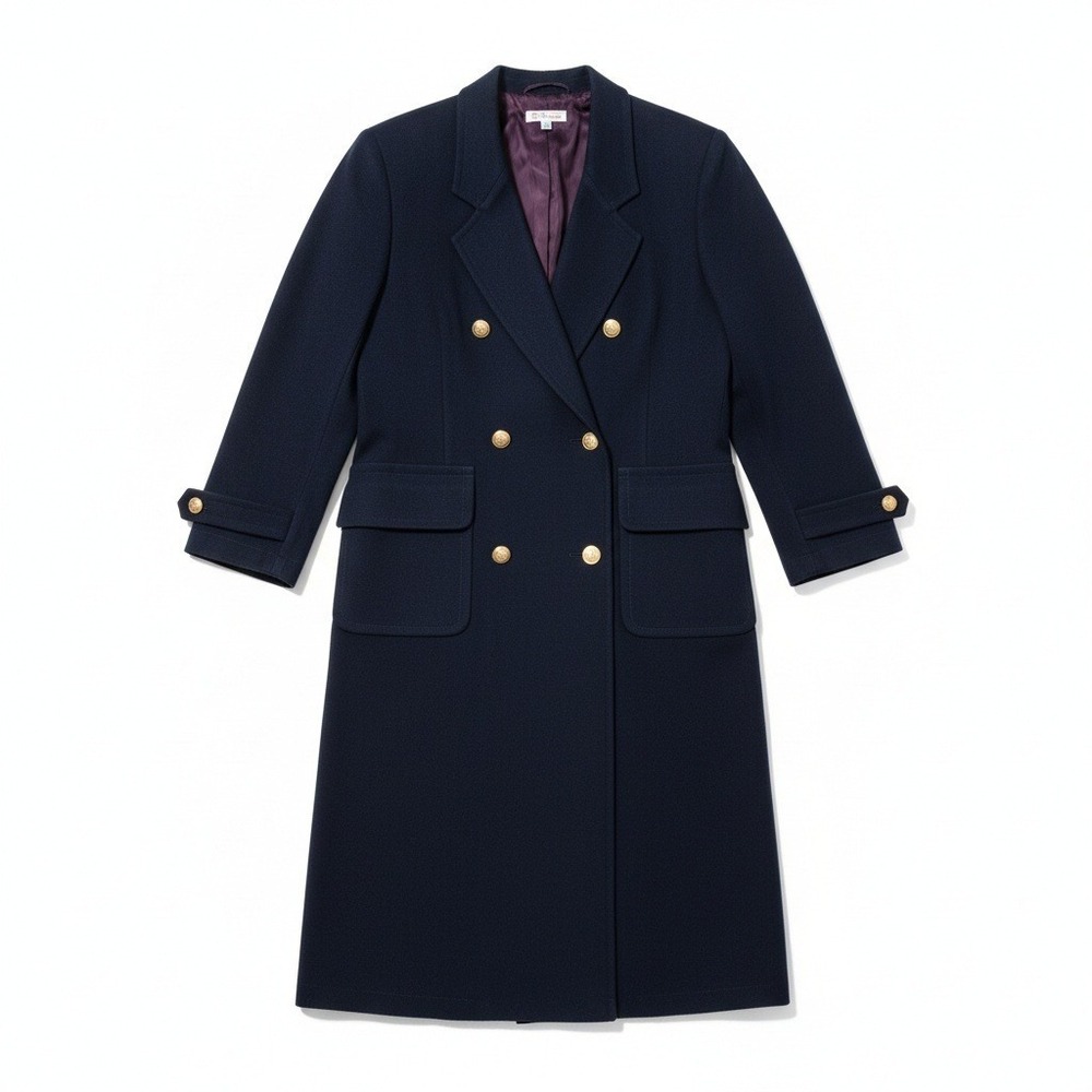 Vtg Talbots Wool Long Coat 12 Navy Double Breasted Gold Button Dark Academia